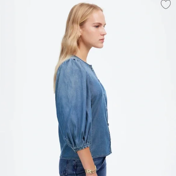 NWT Madewell Denim Puff-Sleeve Button-Up Top in Kennebec Wash - Picture 3 of 11